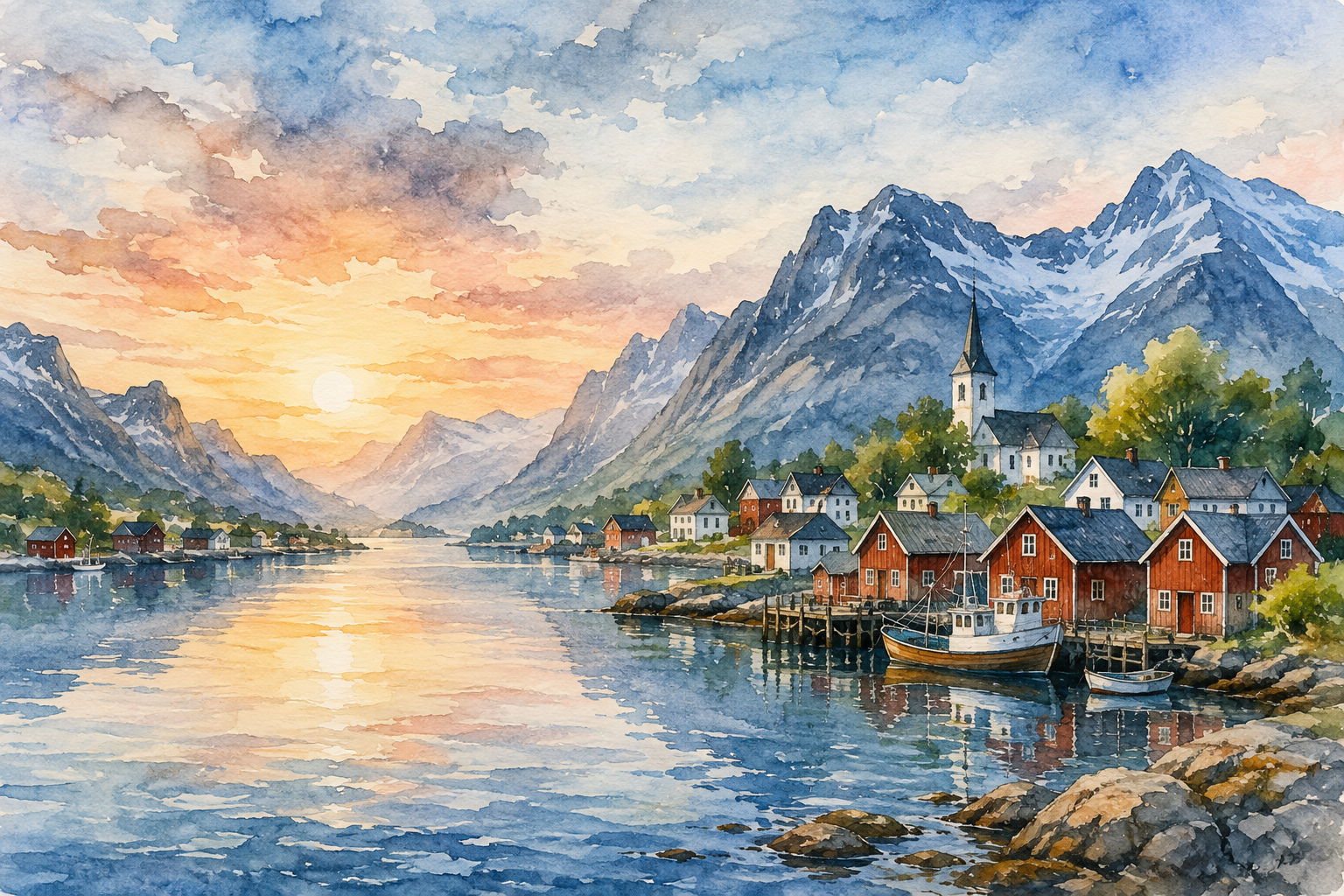 Watercolor Nordic landscape